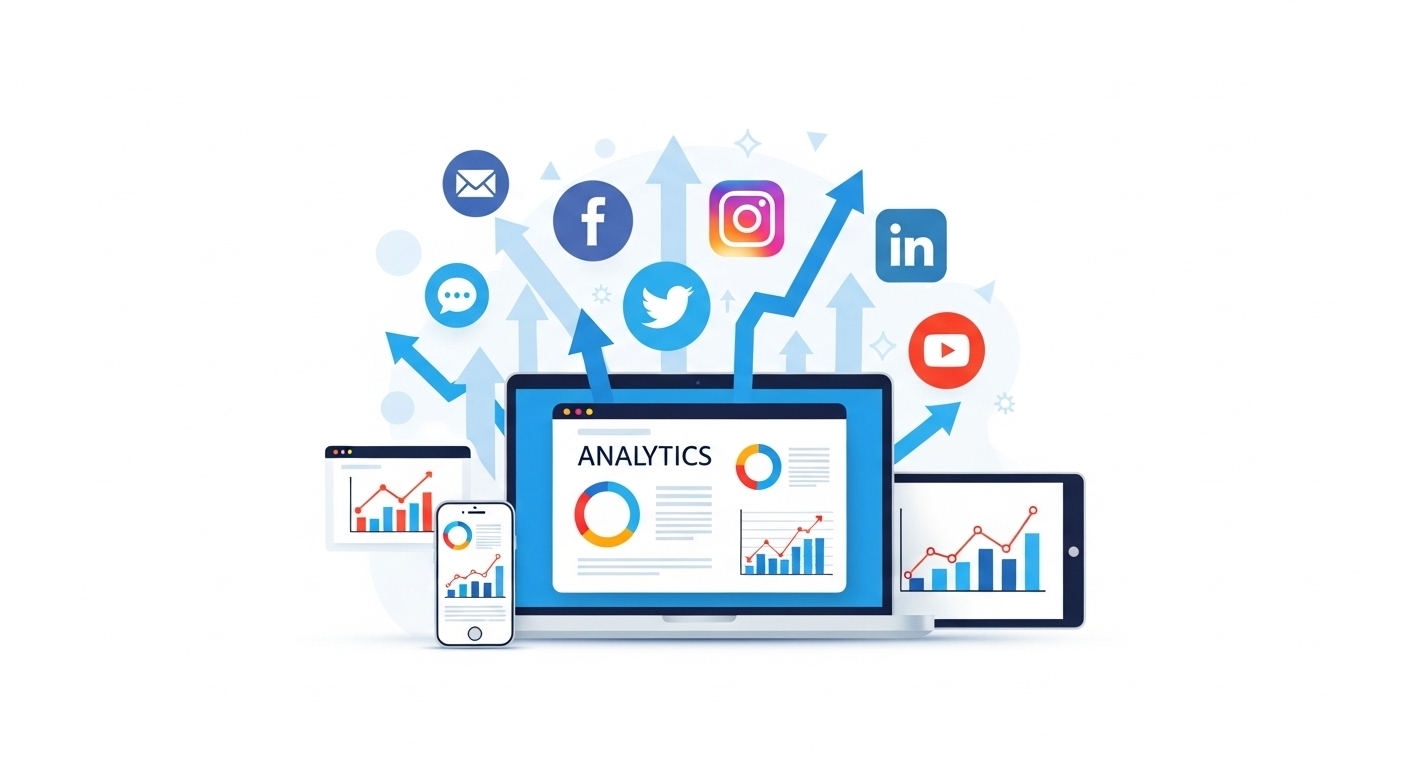 Modern digital marketing analytics and social media growth illustration